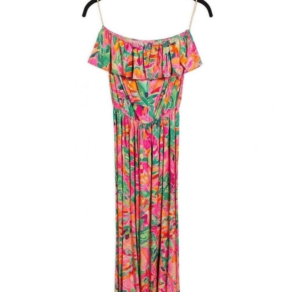 Lilly Pulitzer Pink Green Floral Off The Shoulder Maxi Dress XS Tropical Ruffle - Picture 5 of 5